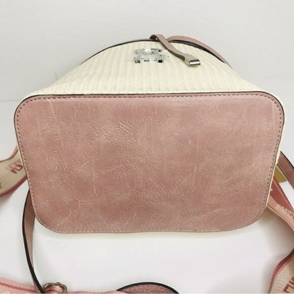 New! Steve Madden Bucket Straw Faux Leather Blush Pink Bohemian Beach TikTok Bag - Picture 8 of 11